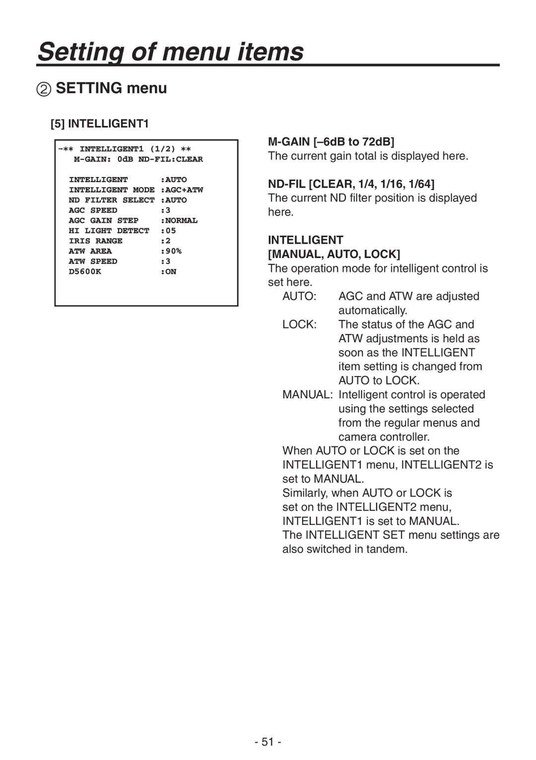 Panasonic AK-HC1800N INTELLIGENT1, Gain -6dB to 72dB, ND-FIL CLEAR, 1/4, 1/16, 1/64, Intelligent MANUAL, AUTO, Lock 