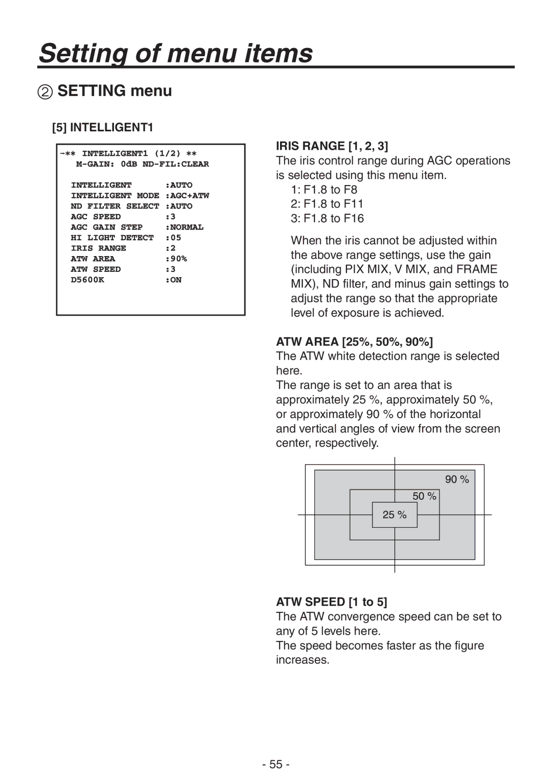 Panasonic AK-HC1800N operating instructions Iris Range 1, 2, ATW Area 25%, 50%, 90%, ATW Speed 1 to 