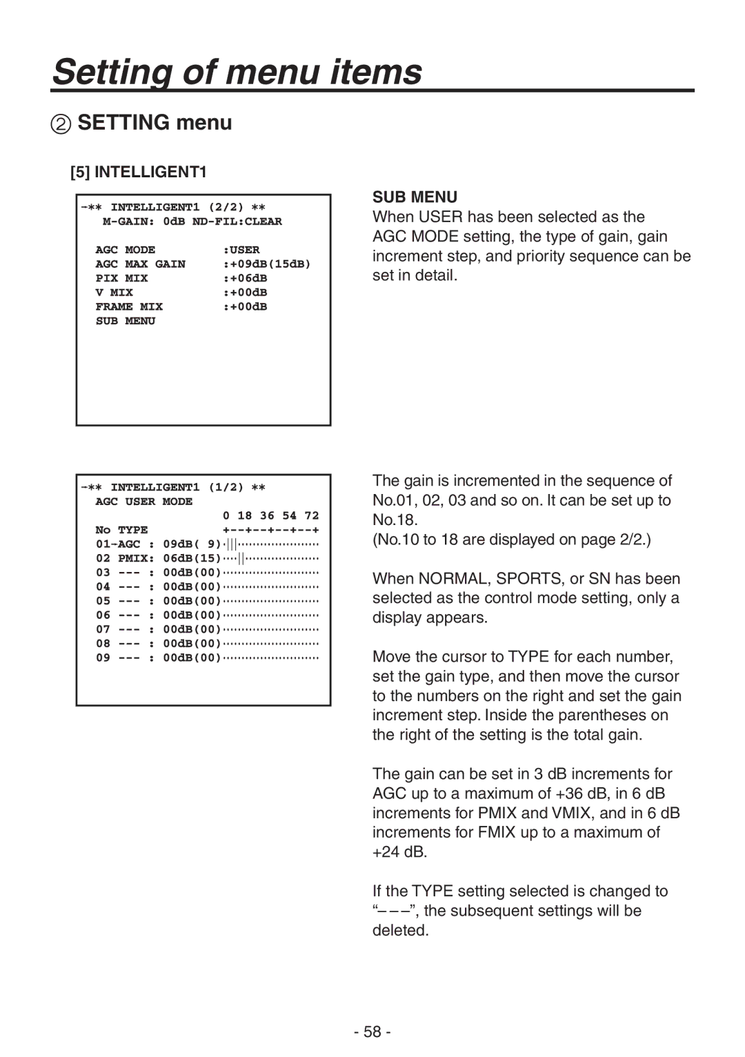 Panasonic AK-HC1800N operating instructions INTELLIGENT1 SUB Menu 