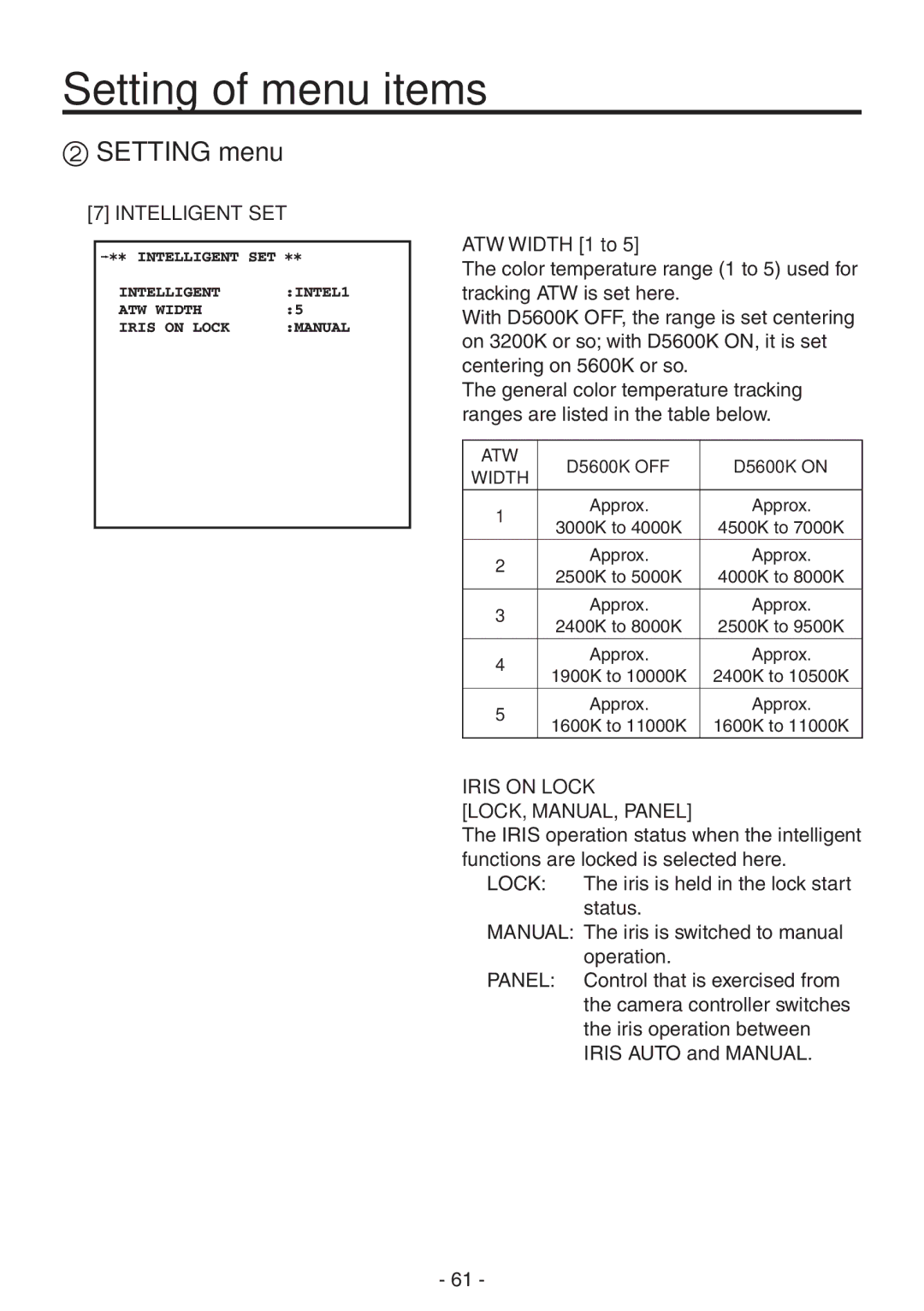 Panasonic AK-HC1800N operating instructions ATW Width 1 to, Iris on Lock LOCK, MANUAL, Panel 