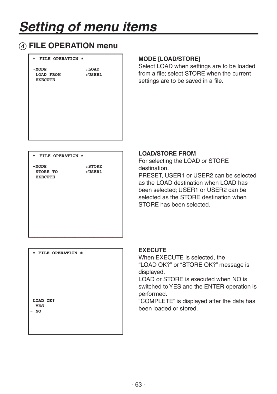 Panasonic AK-HC1800N operating instructions File Operation menu, Mode LOAD/STORE, LOAD/STORE from, Execute 