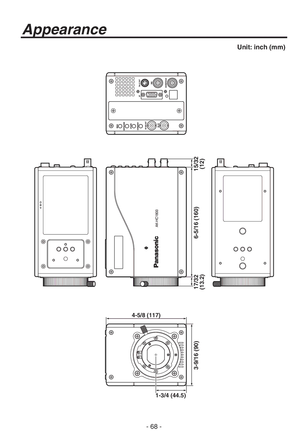 Panasonic AK-HC1800N operating instructions Appearance, Unit inch mm 