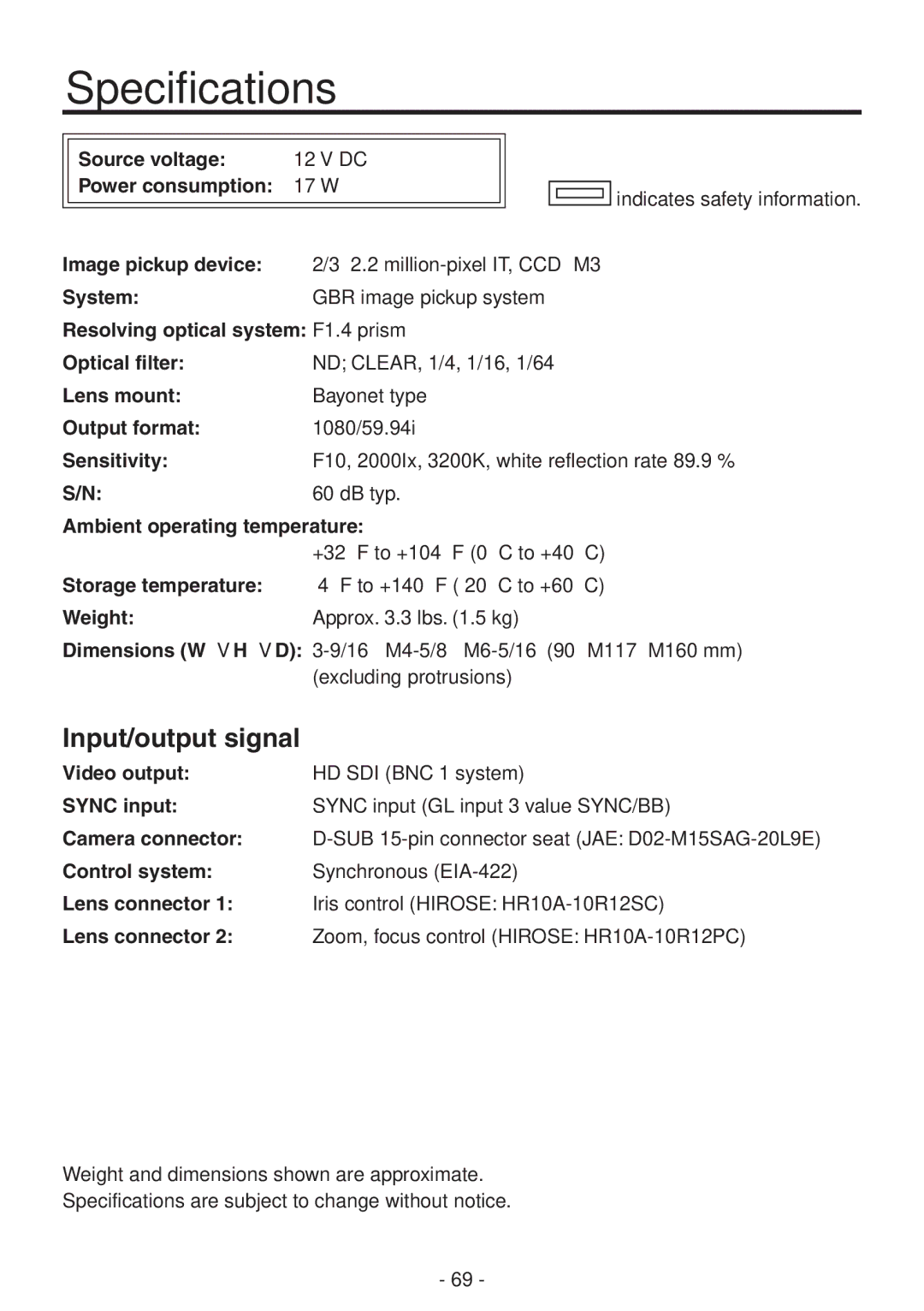 Panasonic AK-HC1800N operating instructions Specifications, Input/output signal 