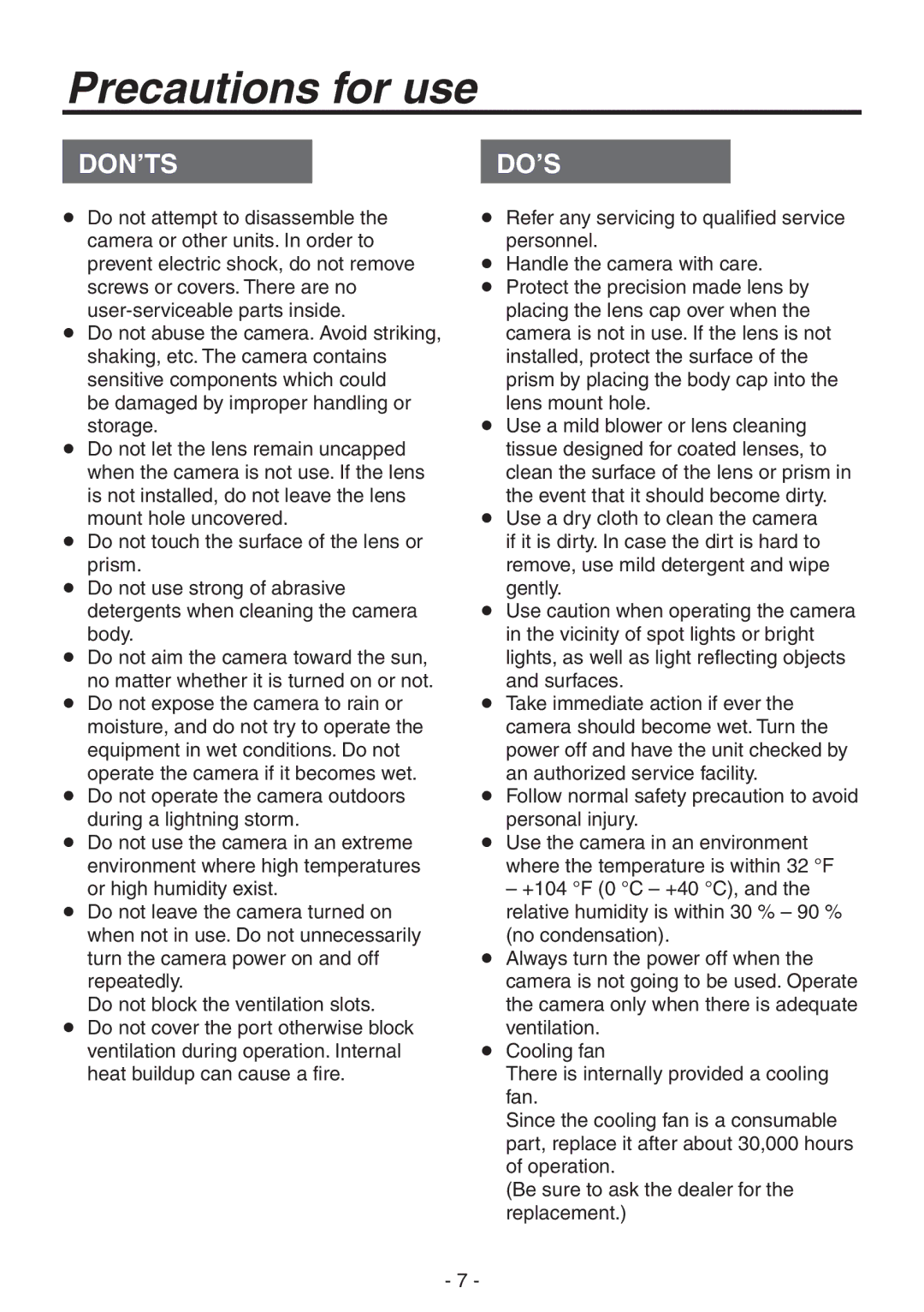 Panasonic AK-HC1800N operating instructions Precautions for use, Don’Ts 