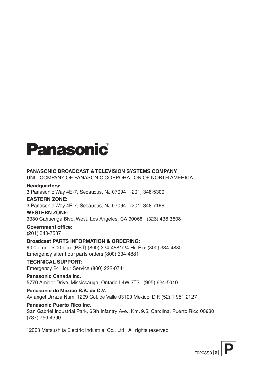 Panasonic AK-HC1800N operating instructions Eastern Zone 