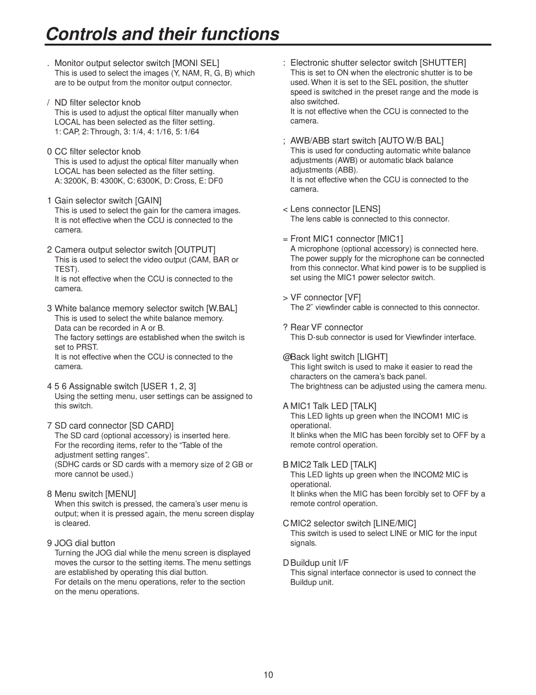 Panasonic AK-HC3500P operating instructions  Assignable switch User 1, 2 