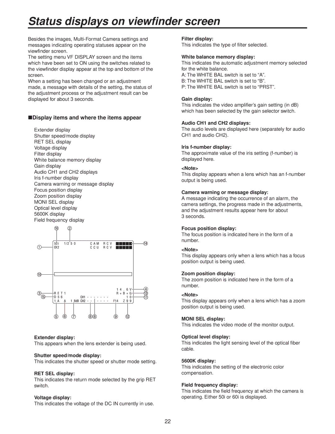 Panasonic AK-HC3500P operating instructions Status displays on viewfinder screen 