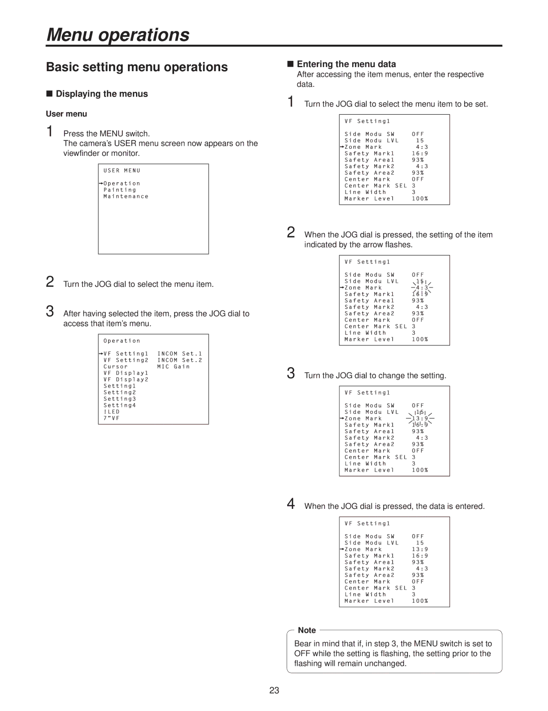 Panasonic AK-HC3500P operating instructions Menu operations, Basic setting menu operations, User menu 