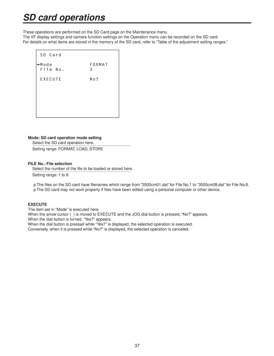 Panasonic AK-HC3500P SD card operations, Mode SD card operation mode setting, File No. File selection 