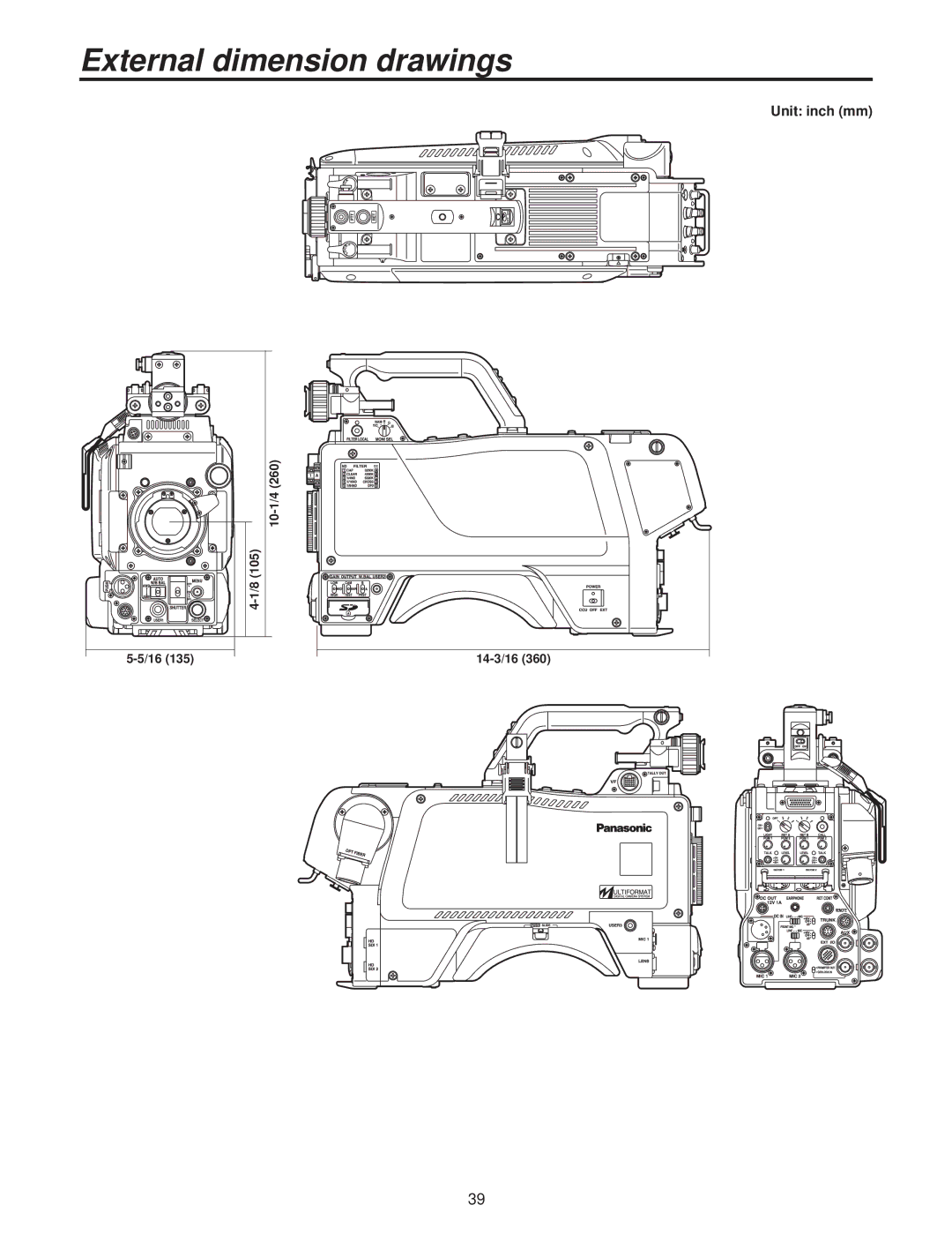 Panasonic AK-HC3500P operating instructions External dimension drawings, Unit inch mm 