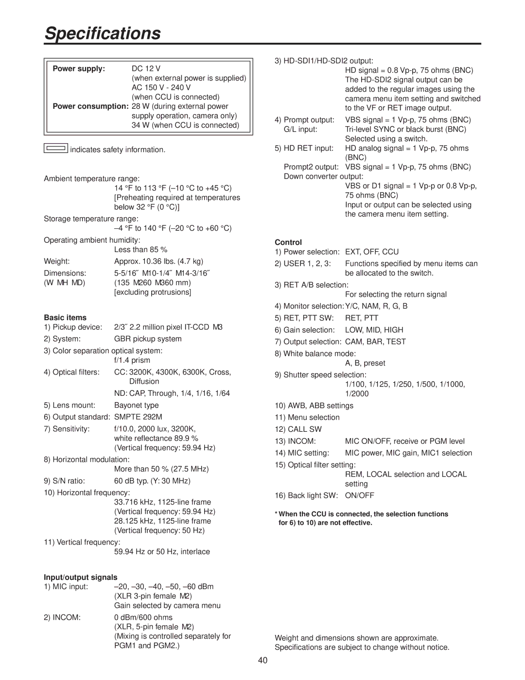 Panasonic AK-HC3500P operating instructions Specifications, Power supply, Basic items, Input/output signals, Control 