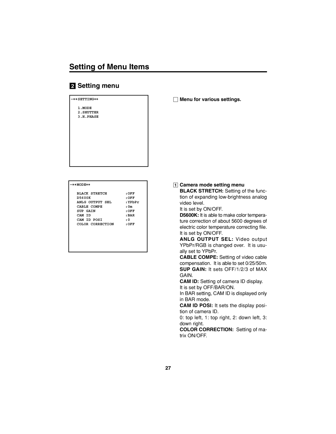 Panasonic AK-HC900 manual @ Setting menu, Menu for various settings, Color Correction Setting of ma- trix ON/OFF 