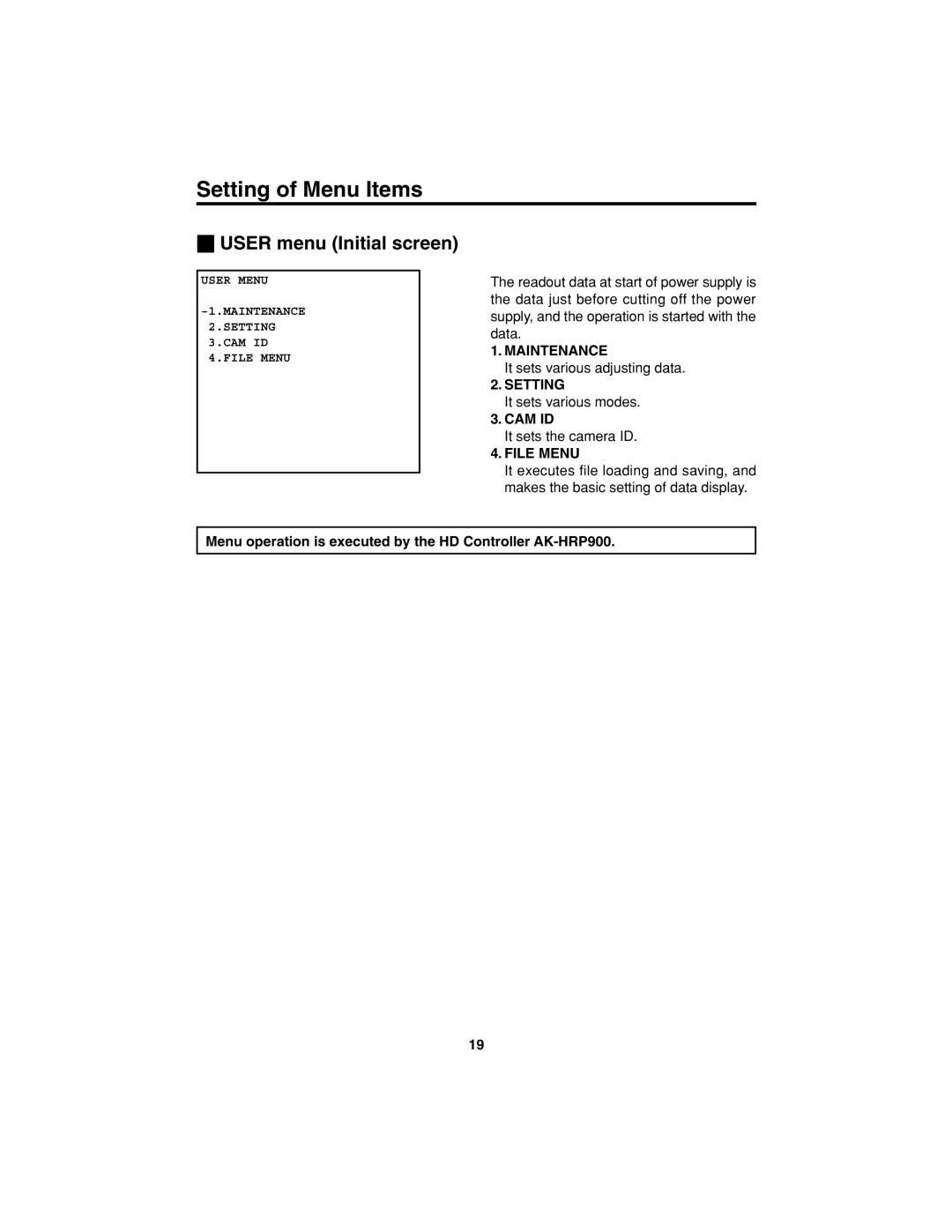 Panasonic AK-HC900 manual User menu Initial screen, Menu operation is executed by the HD Controller AK-HRP900 
