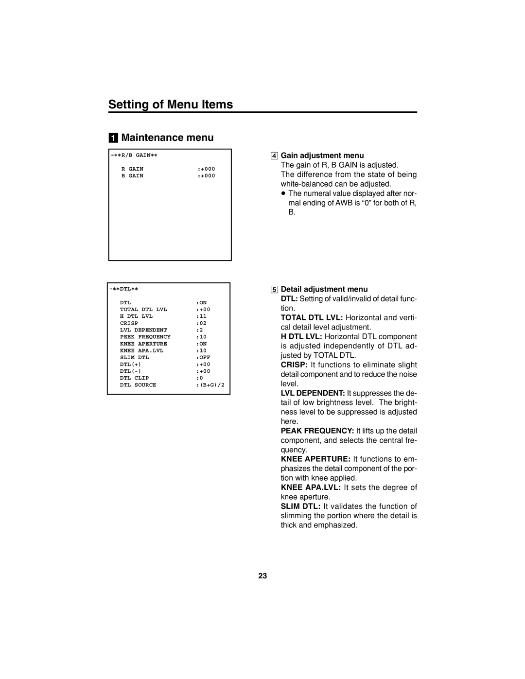 Panasonic AK-HC900 manual Gain adjustment menu, Detail adjustment menu 