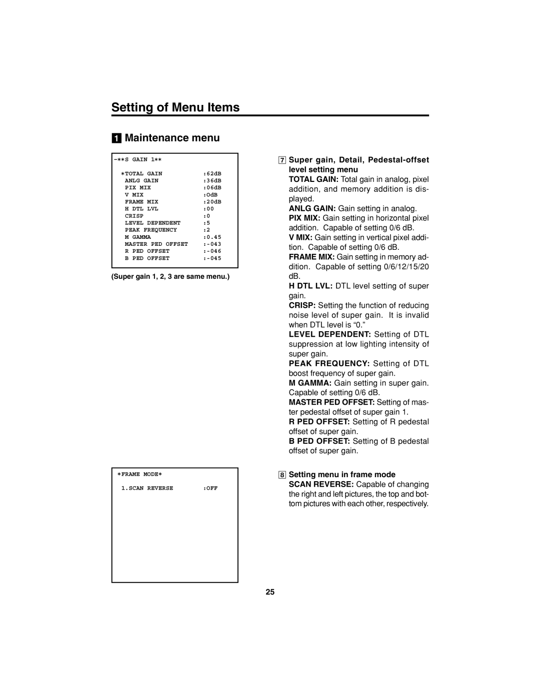 Panasonic AK-HC900 manual Super gain, Detail, Pedestal-offset level setting menu, Setting menu in frame mode 