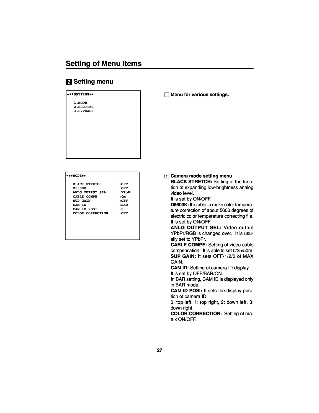 Panasonic AK-HC900 manual @ Setting menu, Mode, Menu for various settings, COLOR CORRECTION Setting of ma- trix ON/OFF 