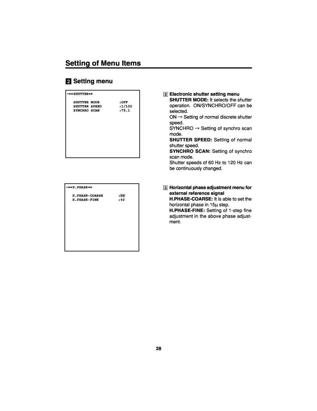 Panasonic AK-HC900 manual Electronic shutter setting menu, Setting of Menu Items, @ Setting menu 