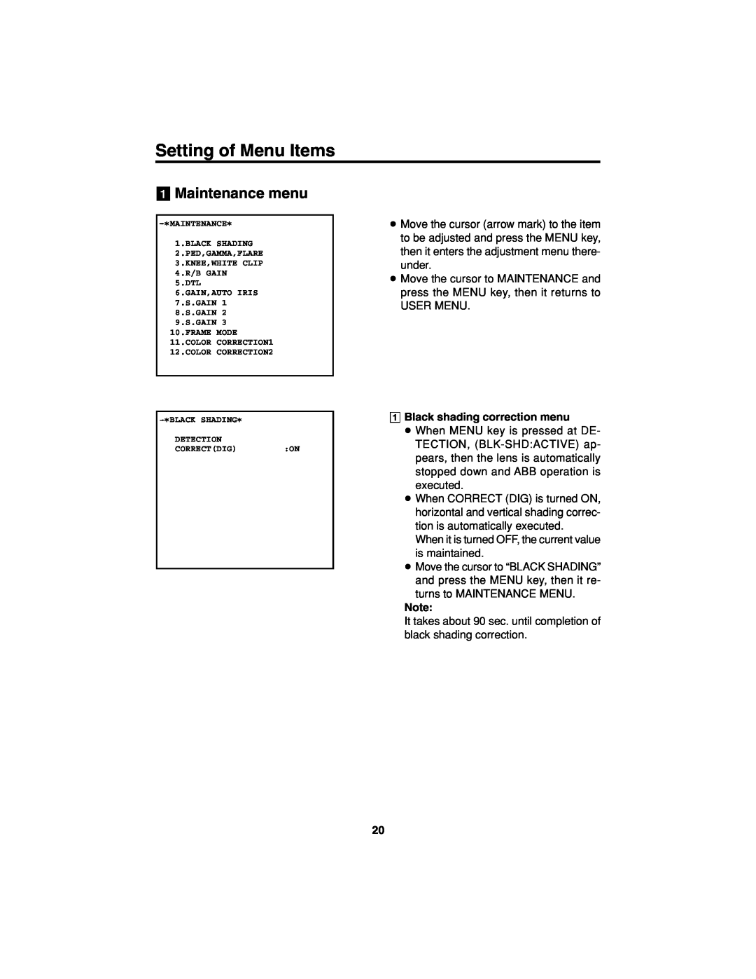 Panasonic AK-HC900 manual Maintenance menu, Black shading correction menu, Setting of Menu Items 