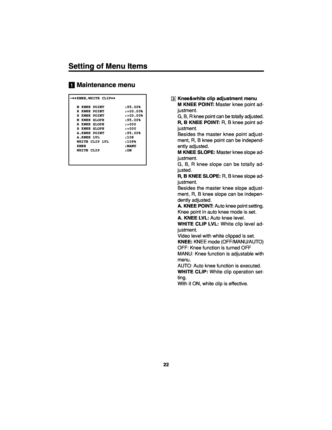 Panasonic AK-HC900 manual Knee&white clip adjustment menu, Setting of Menu Items, Maintenance menu 
