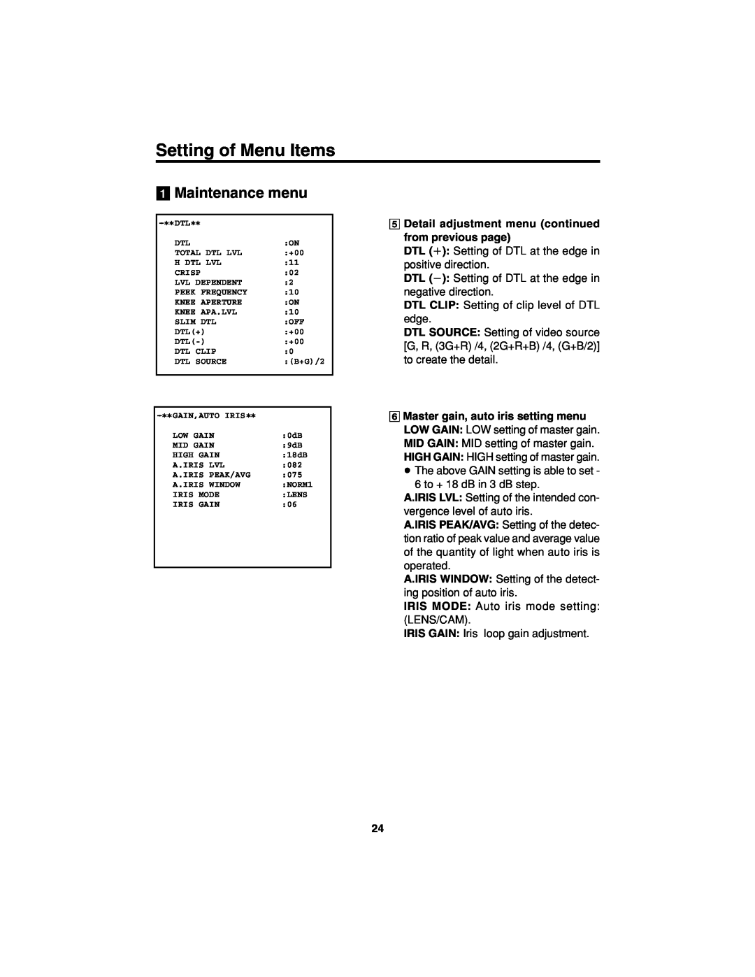 Panasonic AK-HC900 manual Detail adjustment menu continued from previous page, Master gain, auto iris setting menu 