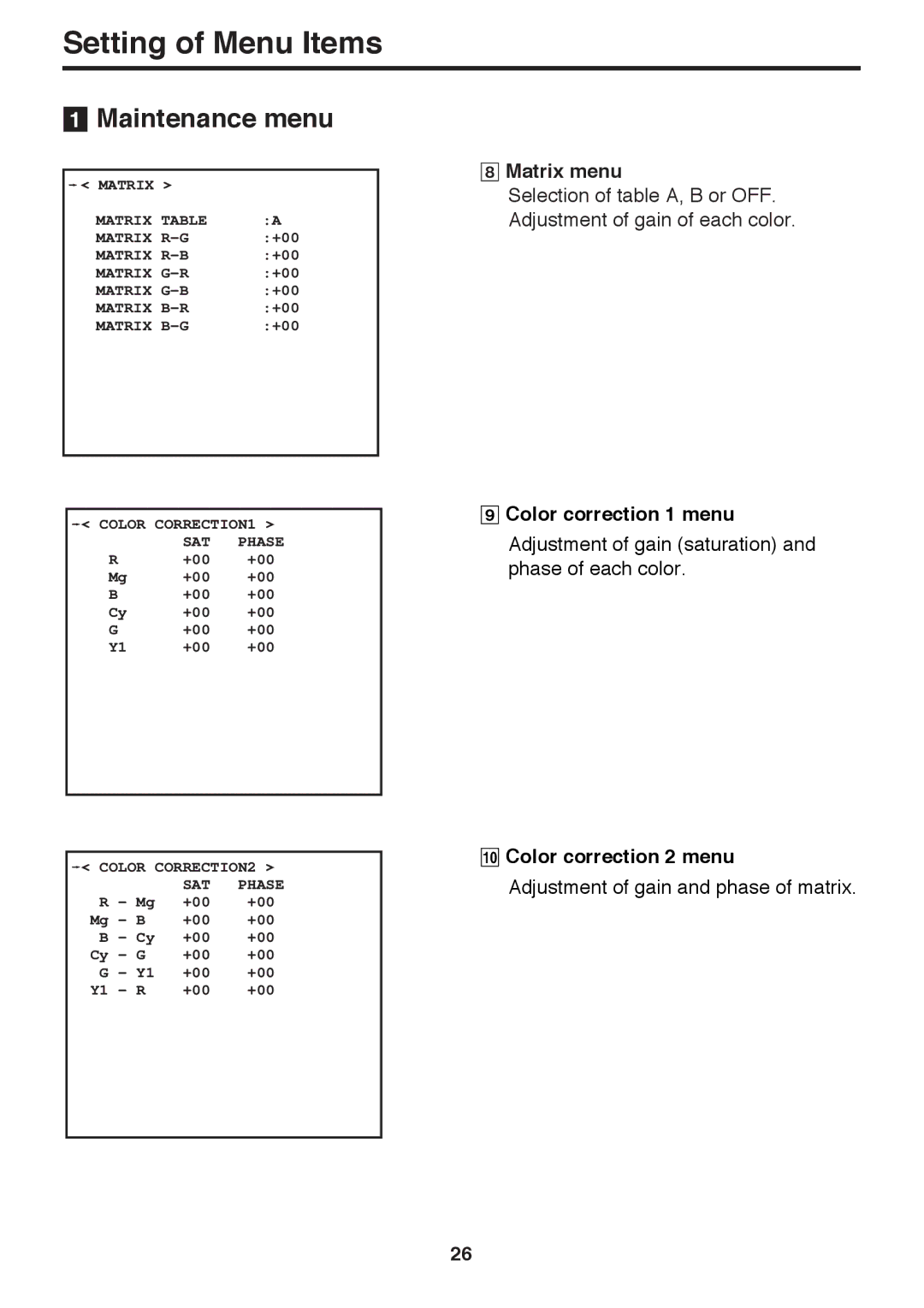 Panasonic AK-HC910 manual Color correction 1 menu, QZ Color correction 2 menu 