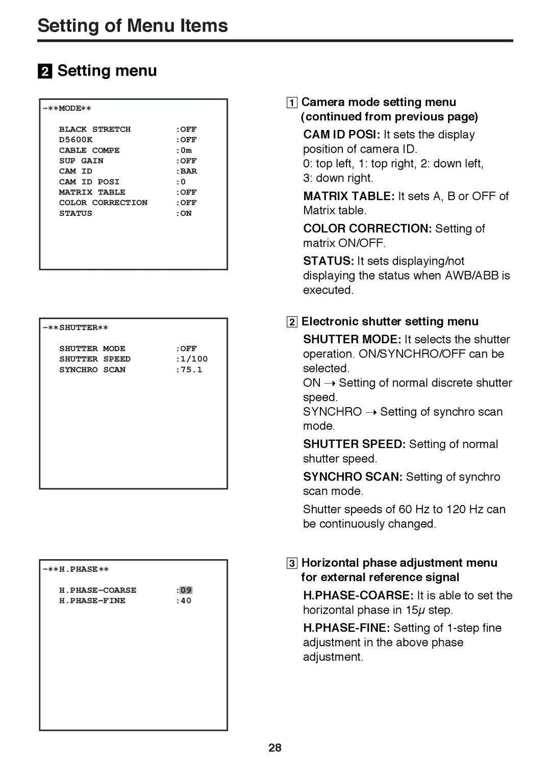 Panasonic AK-HC910 manual Camera mode setting menu from previous, Color Correction Setting of matrix ON/OFF 