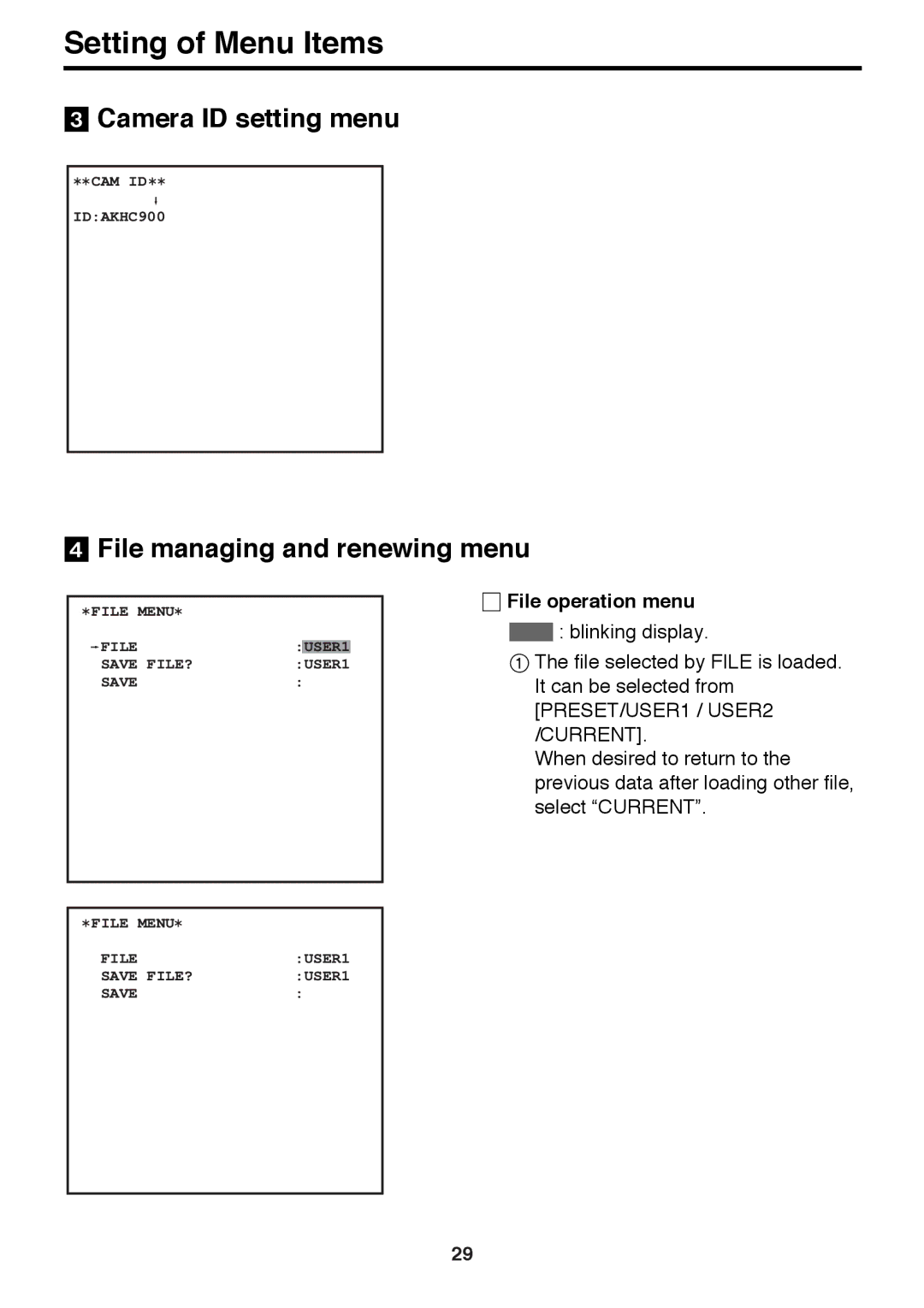 Panasonic AK-HC910 manual # Camera ID setting menu, $ File managing and renewing menu, File operation menu 