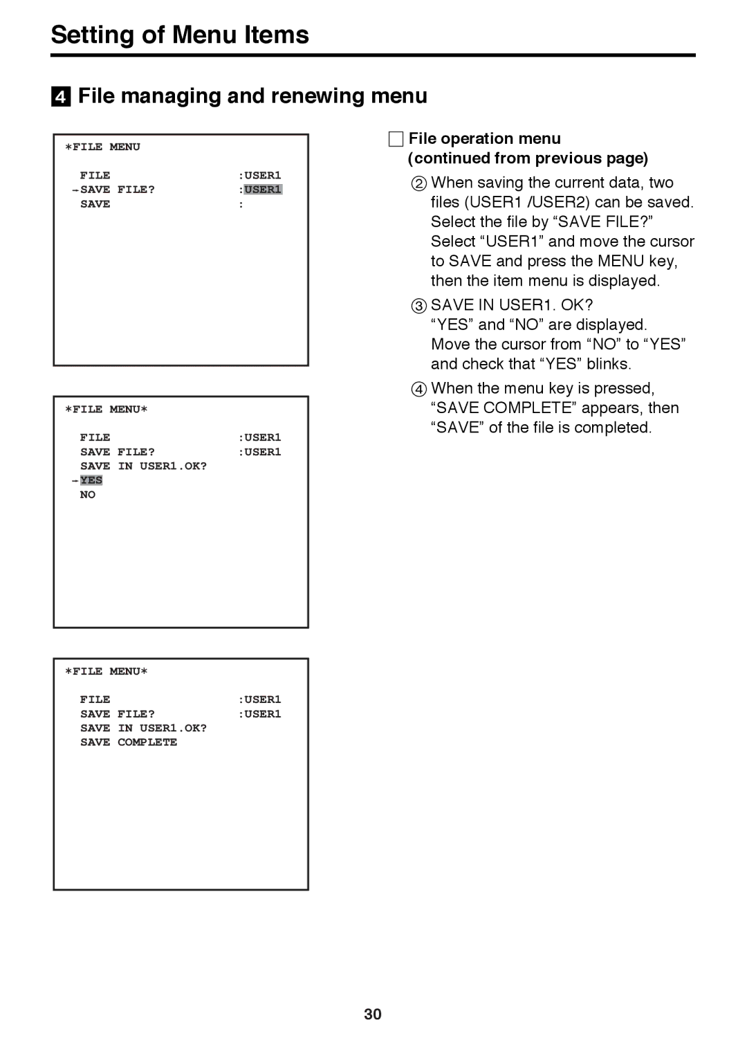 Panasonic AK-HC910 manual File operation menu from previous, Save in USER1. OK? 