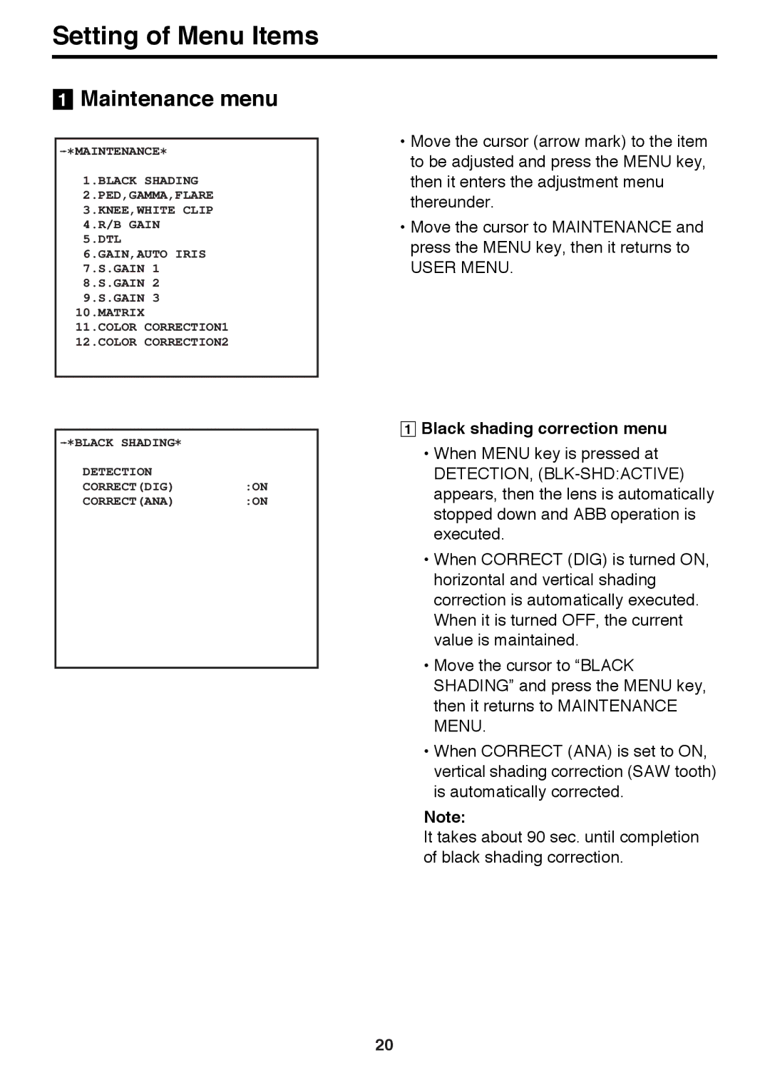 Panasonic AK-HC910 manual Maintenance menu, Black shading correction menu 