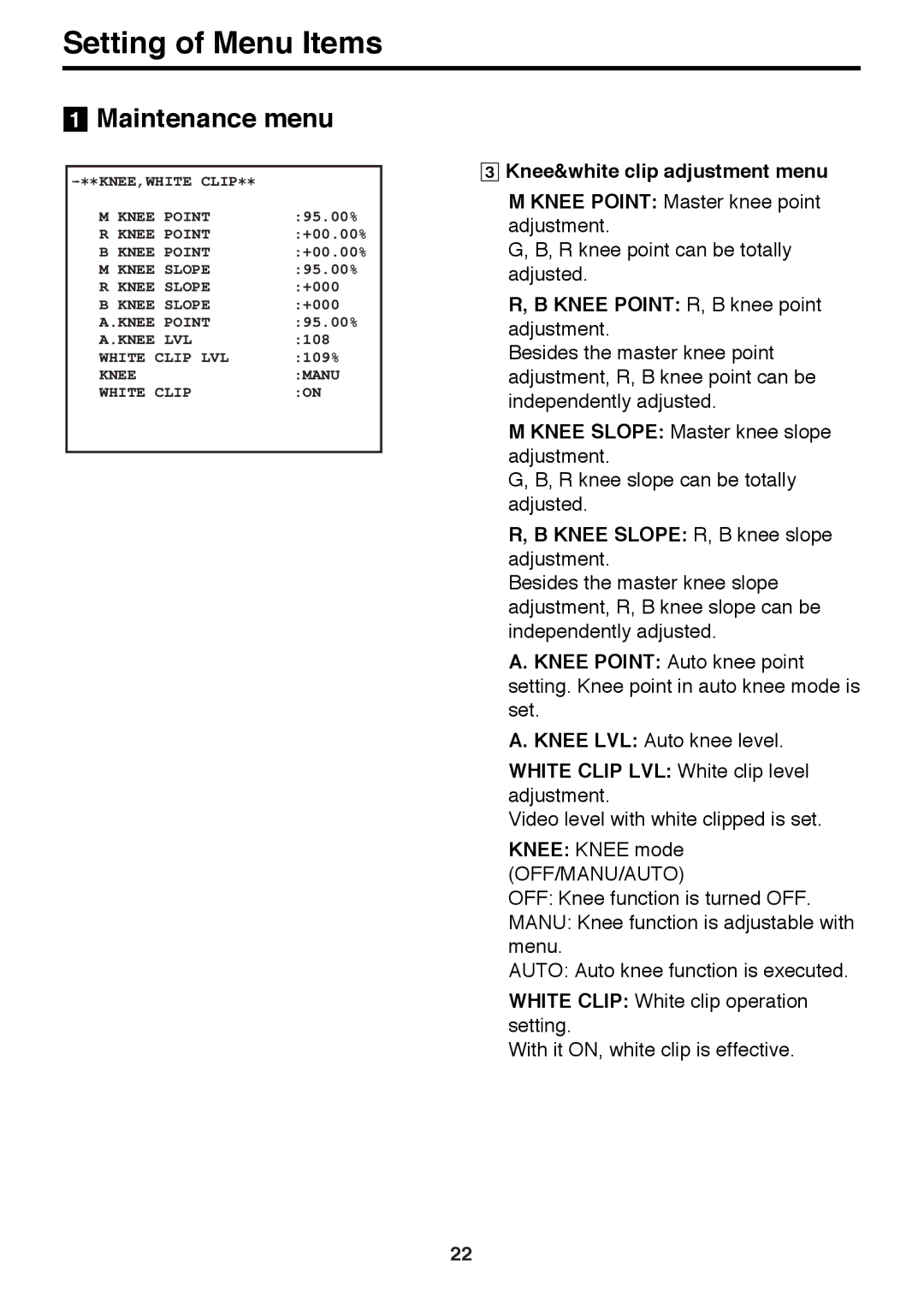 Panasonic AK-HC910 Knee&white clip adjustment menu, Knee Point R, B knee point, Knee Slope R, B knee slope adjustment 