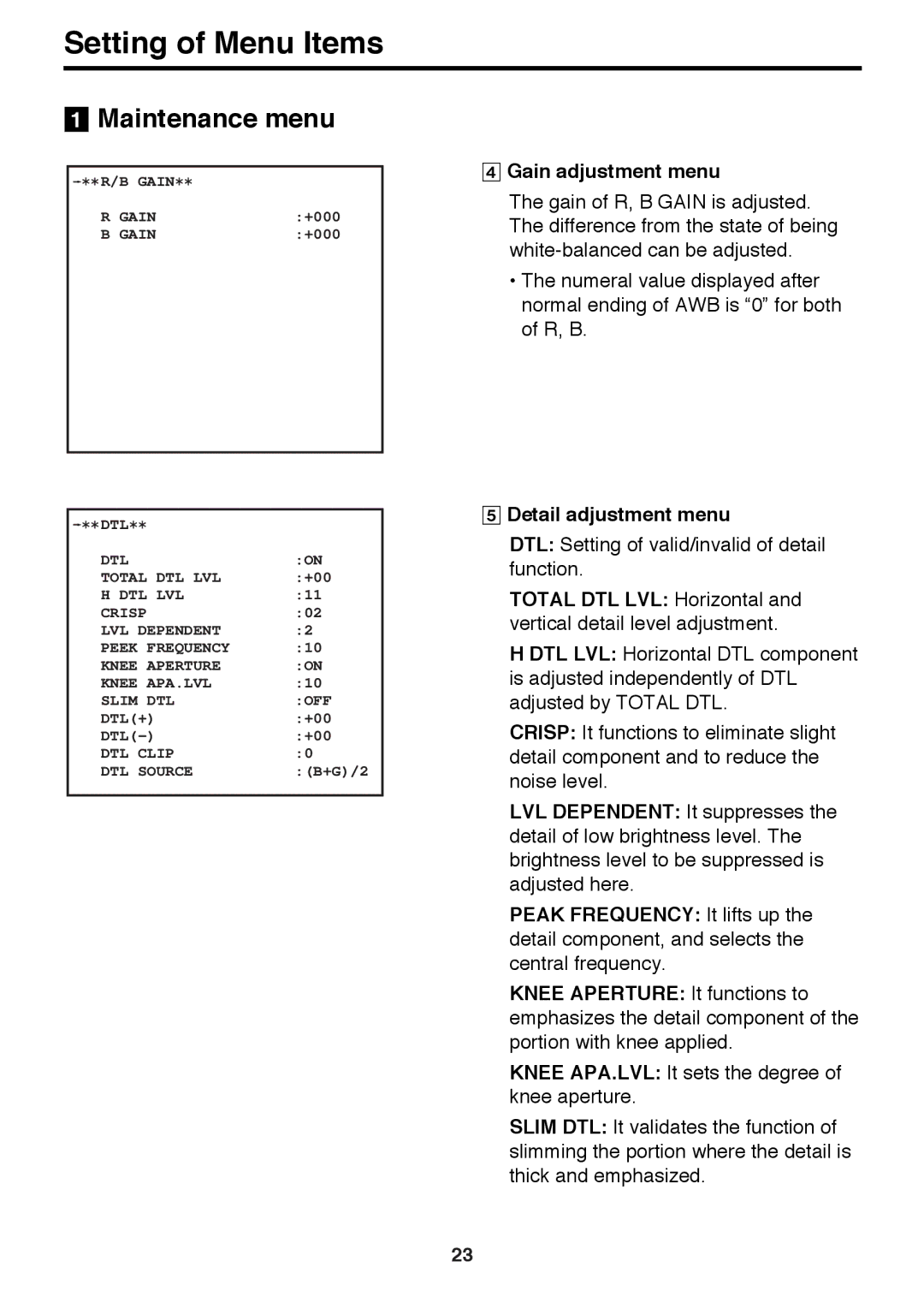 Panasonic AK-HC910 manual Gain adjustment menu, Detail adjustment menu 