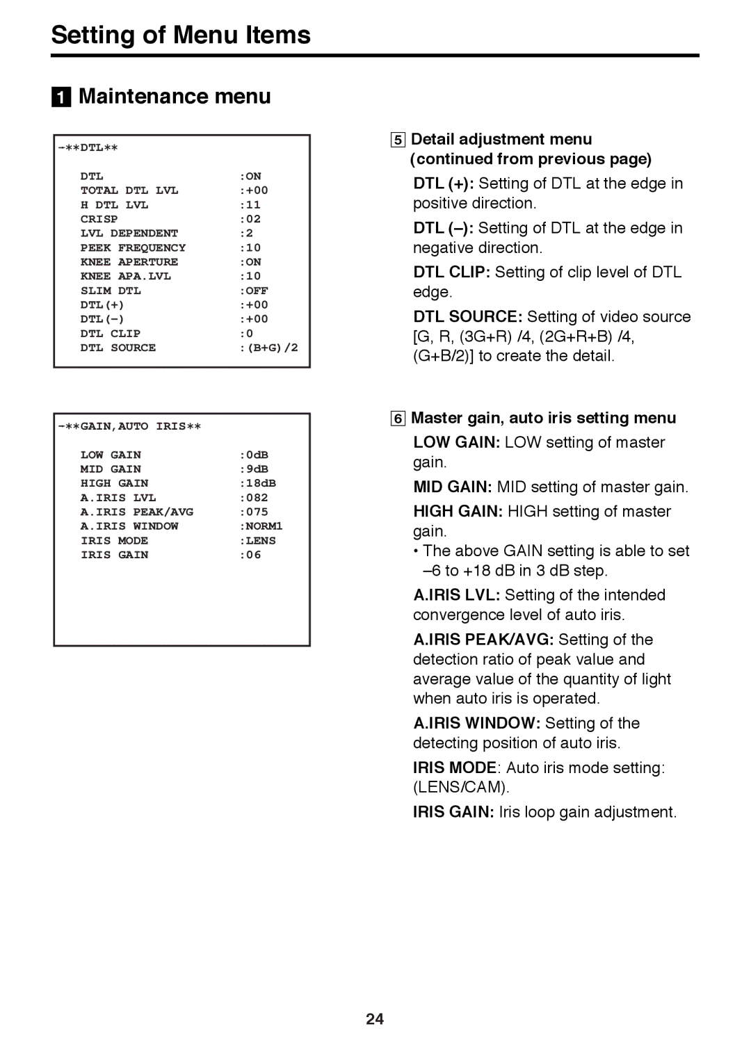 Panasonic AK-HC910 manual Detail adjustment menu from previous, Master gain, auto iris setting menu 