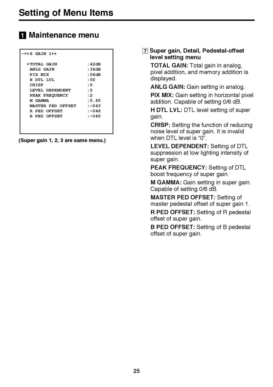 Panasonic AK-HC910 manual Super gain, Detail, Pedestal-offset level setting menu 