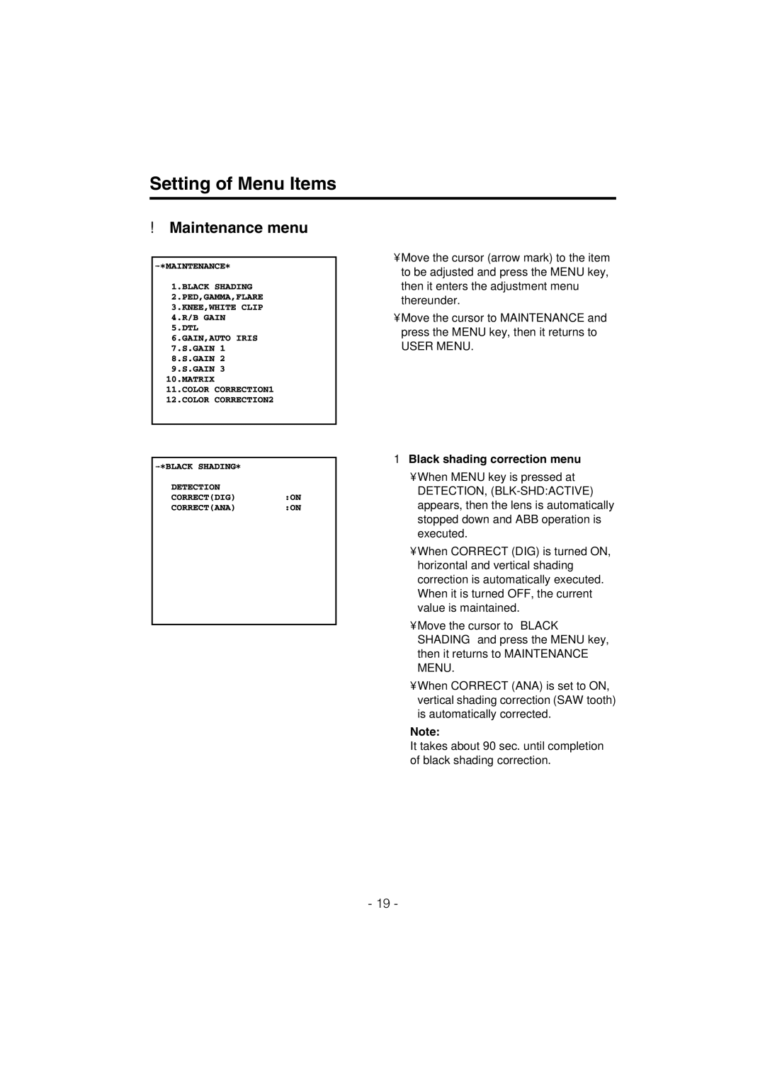 Panasonic AK-HC910L manual Maintenance menu, Black shading correction menu 