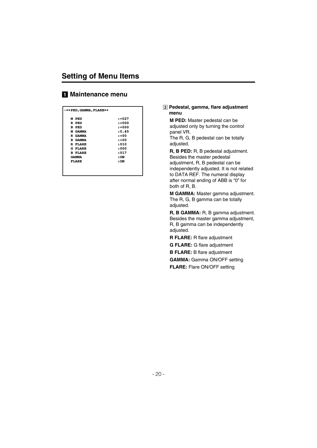 Panasonic AK-HC910L manual Pedestal, gamma, flare adjustment menu 