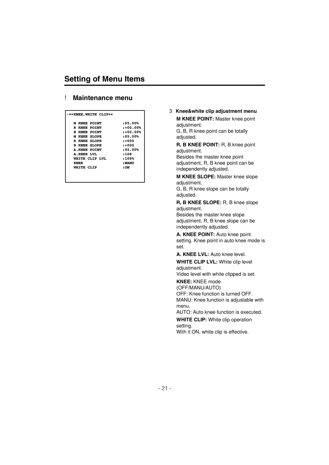 Panasonic AK-HC910L manual Knee&white clip adjustment menu, Knee Point R, B knee point adjustment 