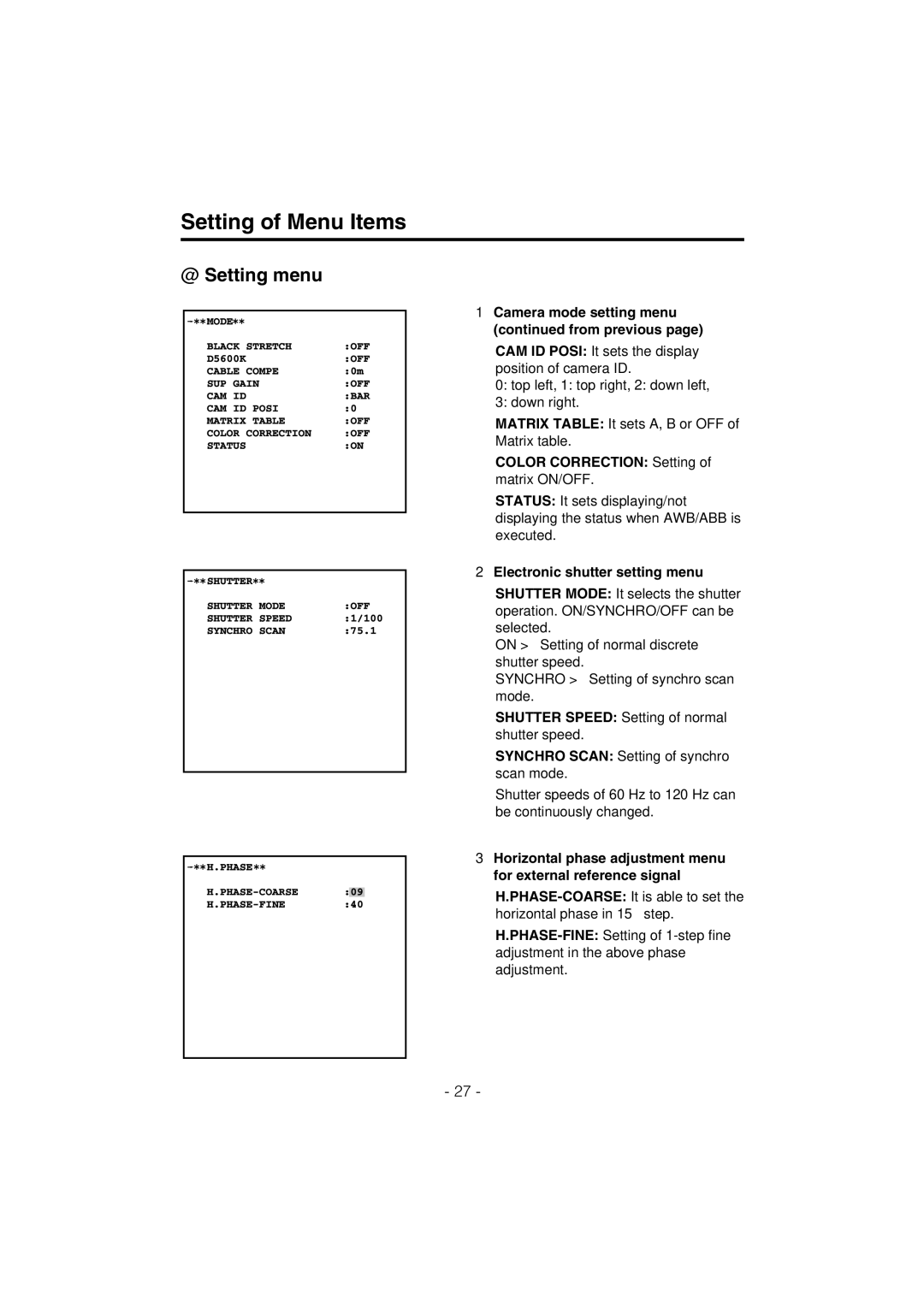 Panasonic AK-HC910L manual Camera mode setting menu from previous, Color Correction Setting of matrix ON/OFF 