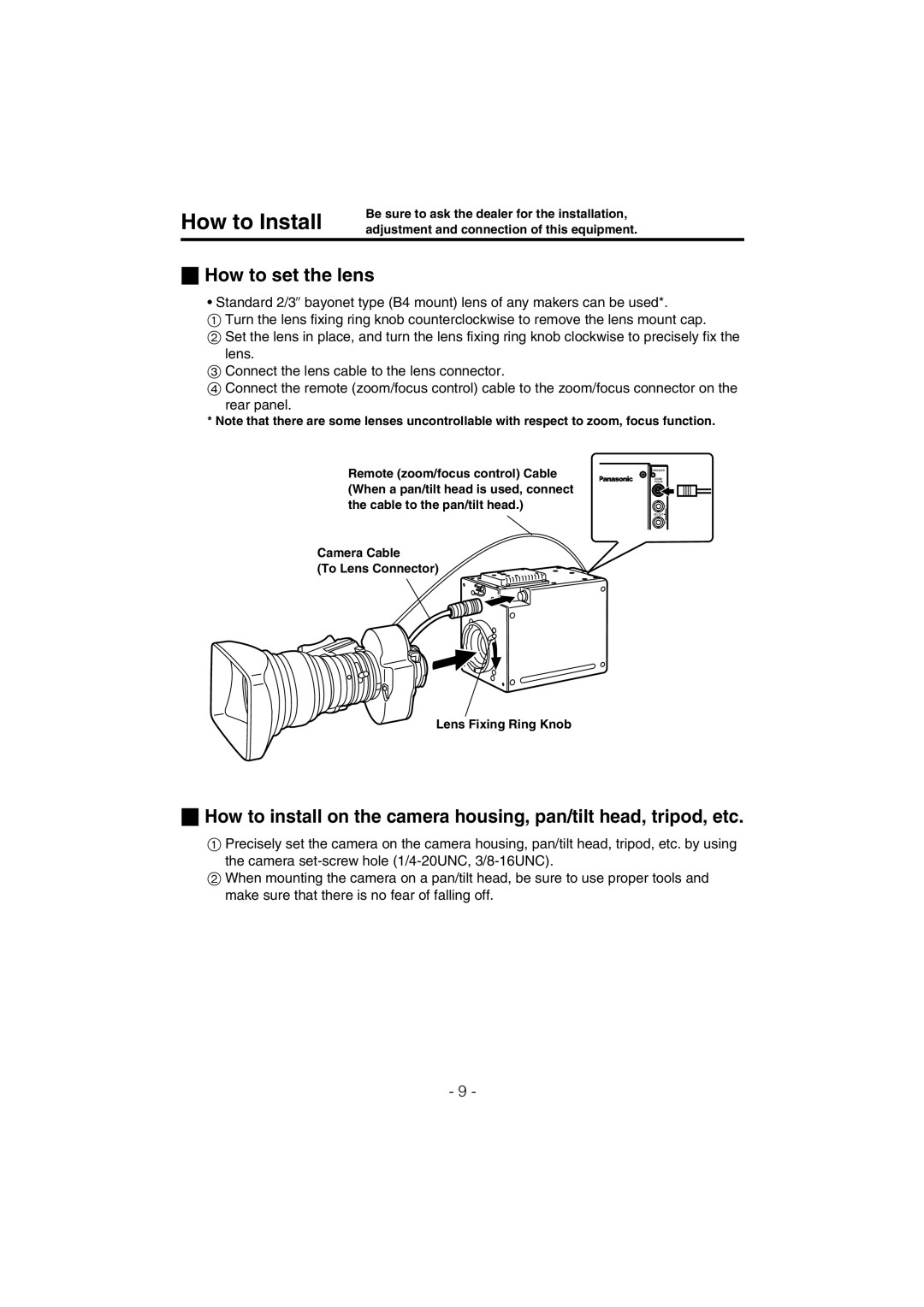 Panasonic AK-HC910L manual How to Install, How to set the lens 