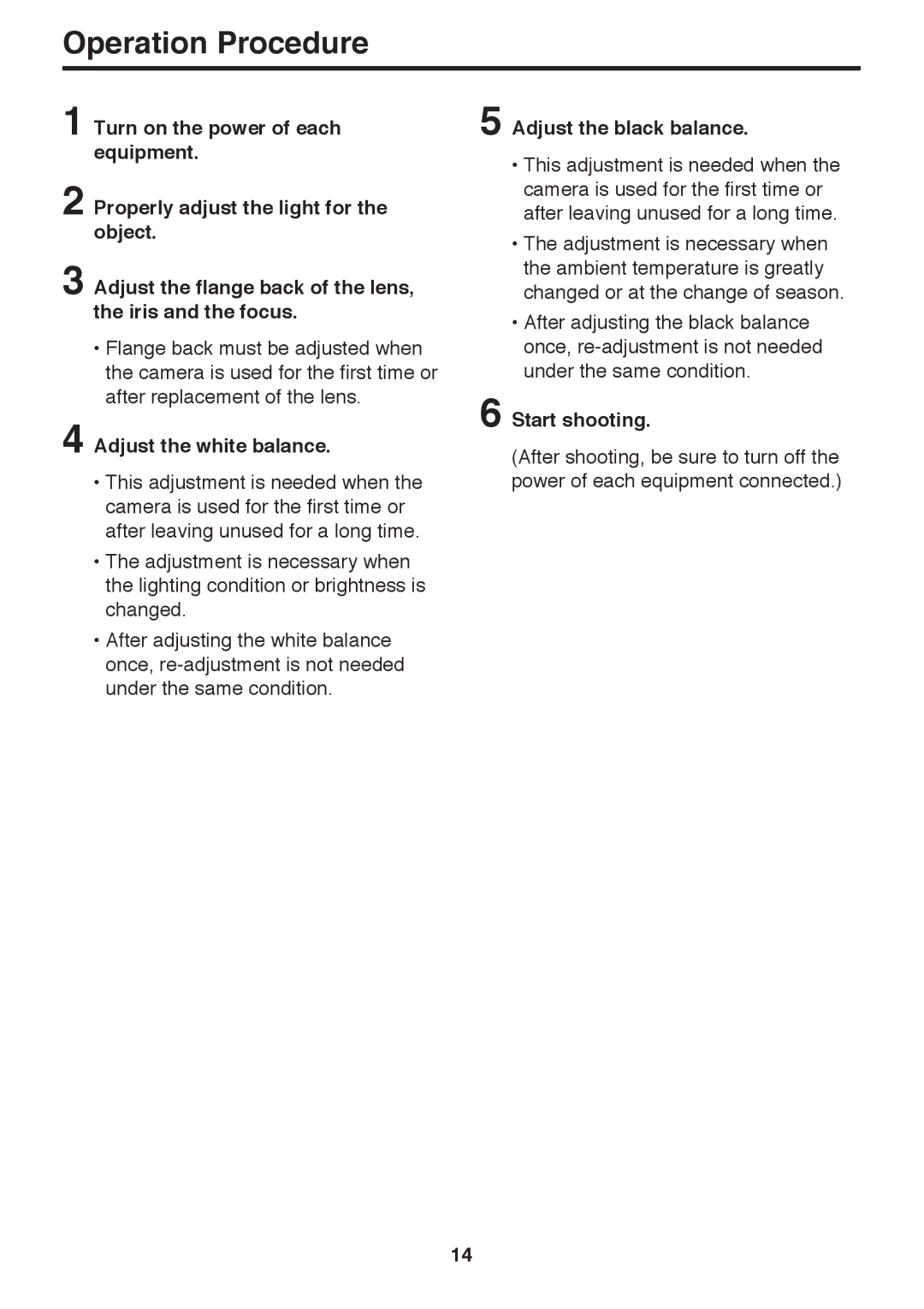 Panasonic AK-HC910P manual Operation Procedure, Adjust the flange back of the lens, the iris and the focus, Start shooting 