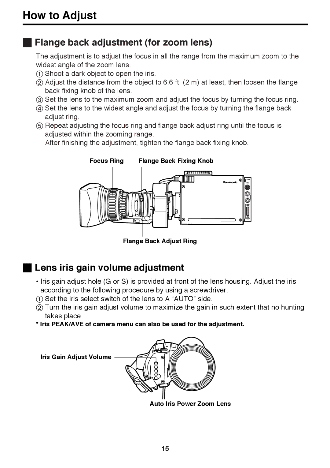 Panasonic AK-HC910P manual Flange back adjustment for zoom lens, Lens iris gain volume adjustment 