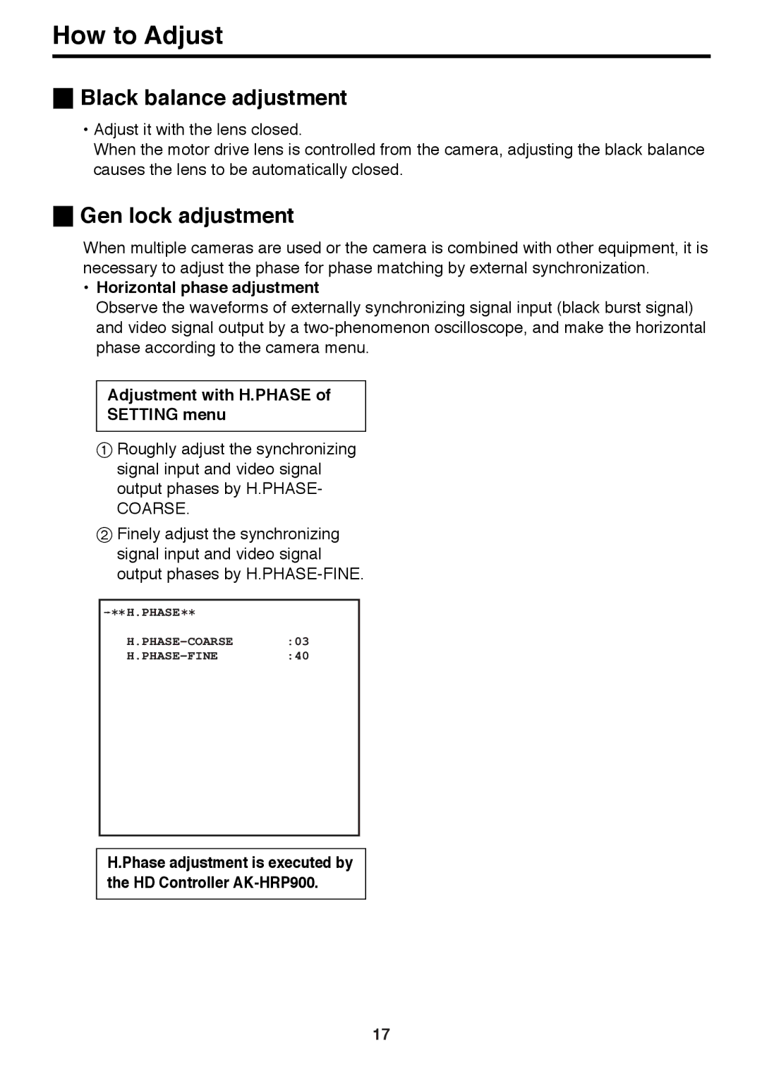 Panasonic AK-HC910P manual Black balance adjustment, Gen lock adjustment, Horizontal phase adjustment 