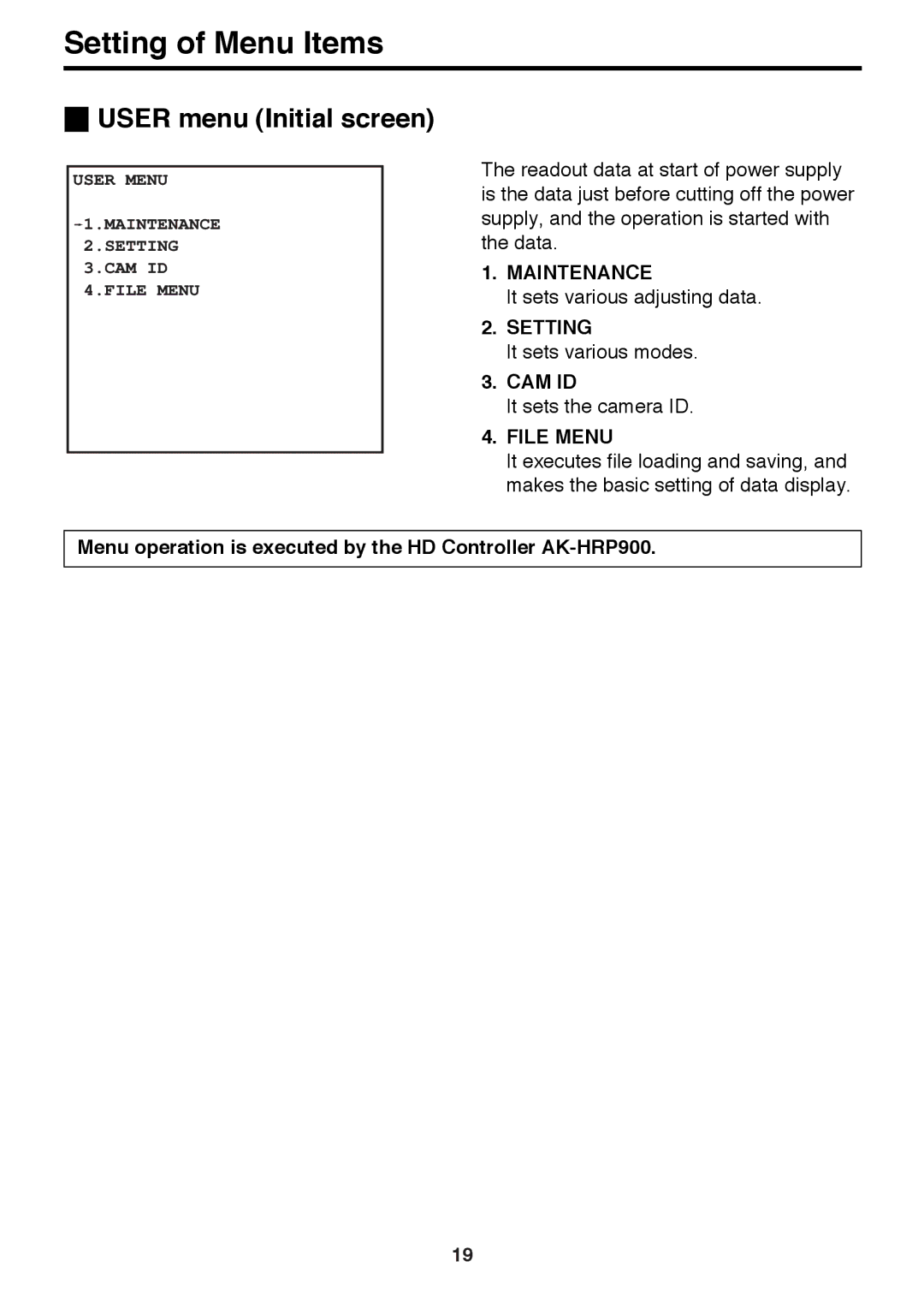 Panasonic AK-HC910P manual User menu Initial screen, Menu operation is executed by the HD Controller AK-HRP900 