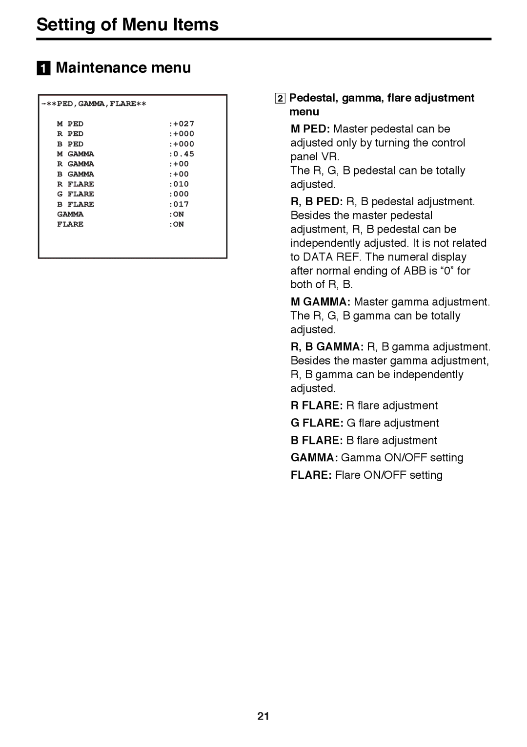 Panasonic AK-HC910P manual Pedestal, gamma, flare adjustment menu 