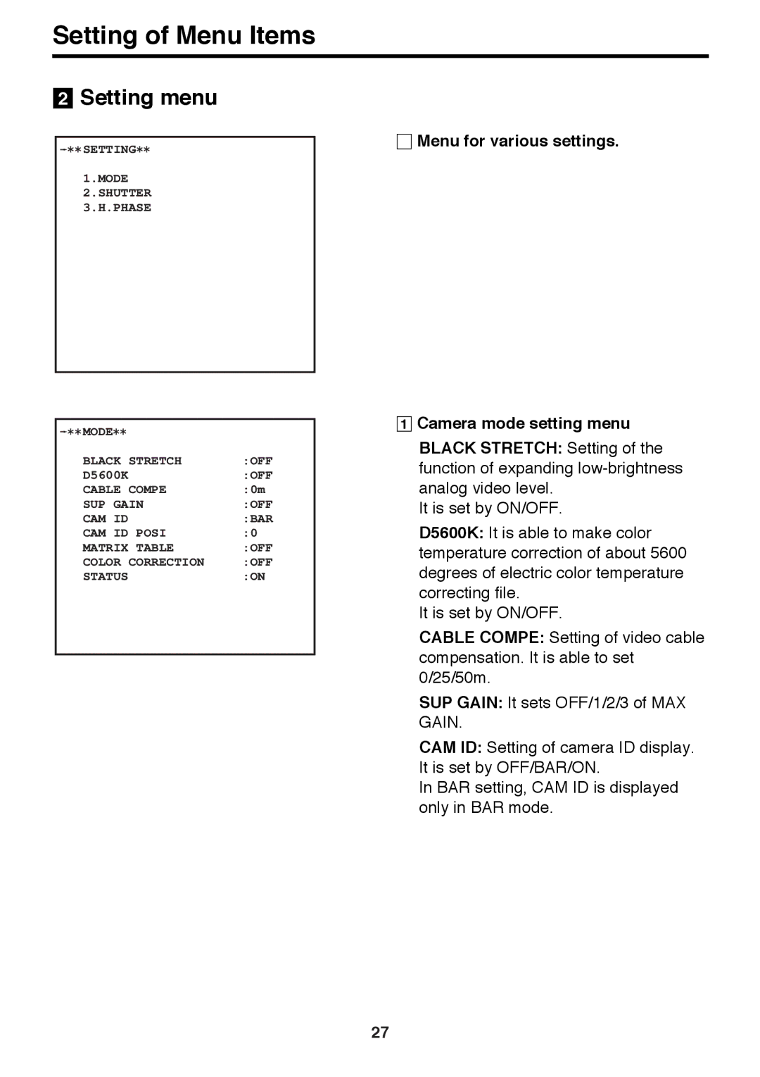 Panasonic AK-HC910P manual @ Setting menu, Menu for various settings 