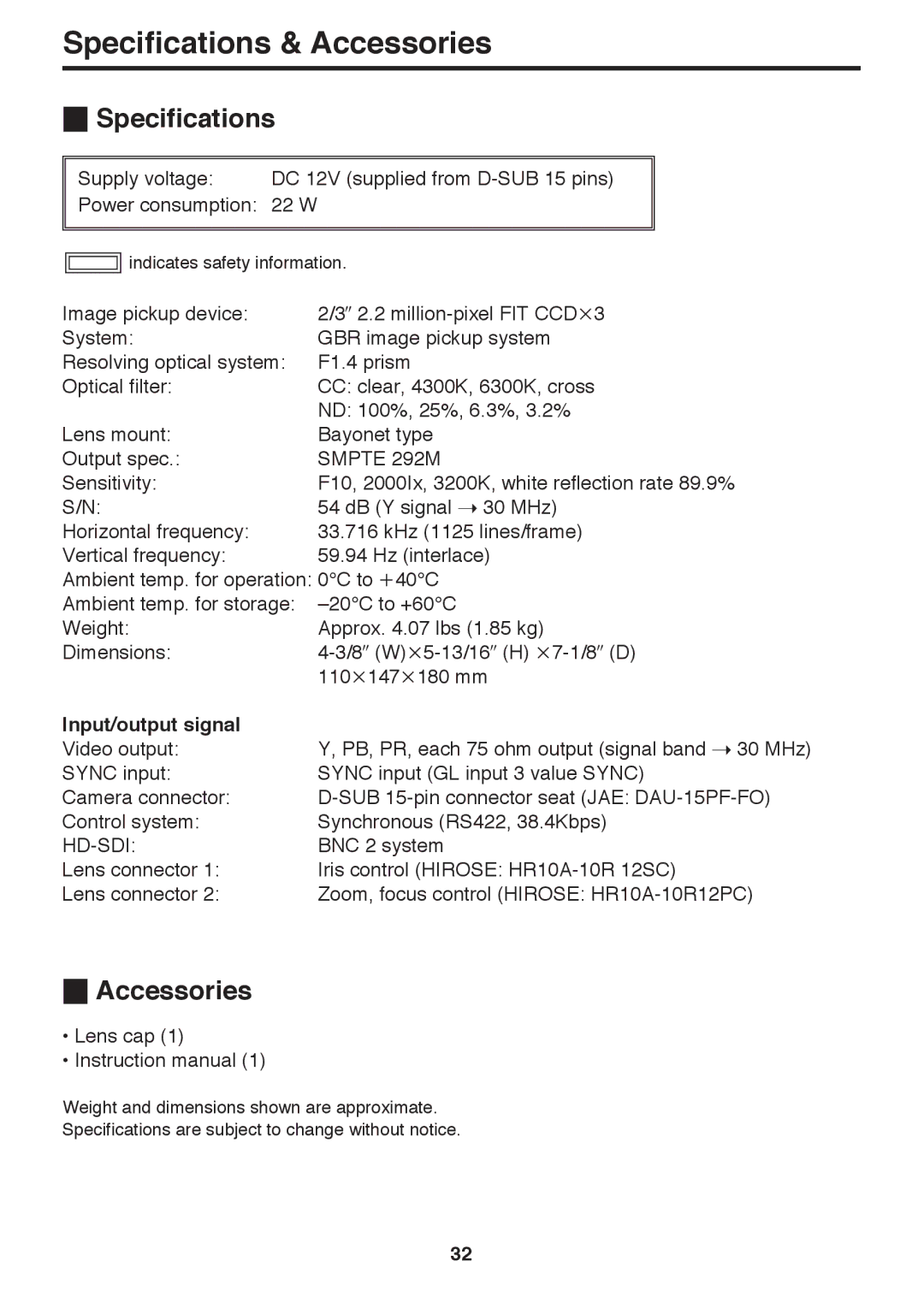 Panasonic AK-HC910P manual Specifications & Accessories, Input/output signal 