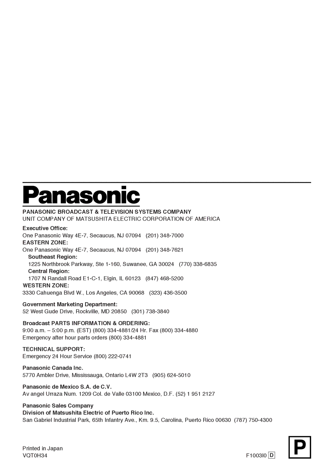 Panasonic AK-HC910P manual Panasonic Broadcast & Television Systems Company 