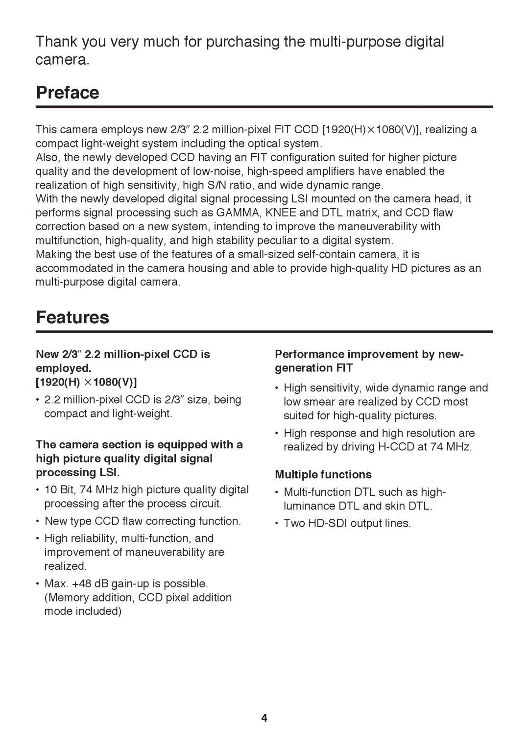 Panasonic AK-HC910P manual Preface, Features, New 2/3q 2.2 million-pixel CCD is employed 1920H k1080V, Multiple functions 