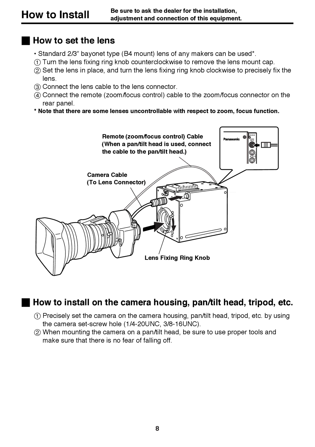 Panasonic AK-HC910P manual How to Install, How to set the lens 