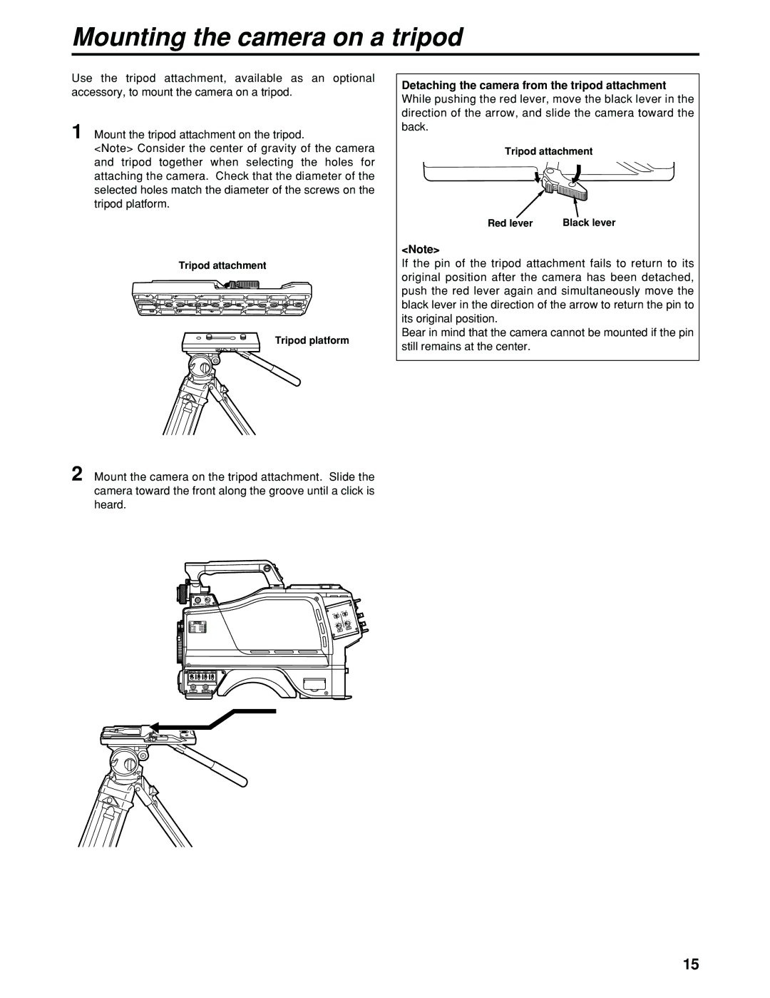 Panasonic AK-HC930P manual Mounting the camera on a tripod, Detaching the camera from the tripod attachment 