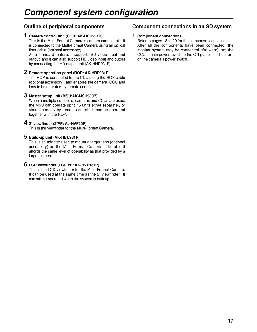 Panasonic AK-HC930P manual Outline of peripheral components, Component connections in an SD system 